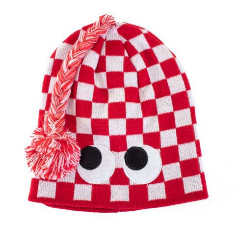 Gebreide muts rood wit geblokt met ogen