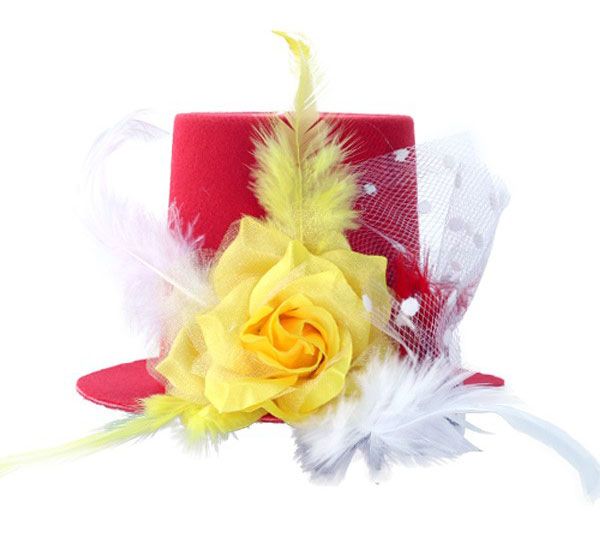 Mini hoedje rood wit geel met roos veren