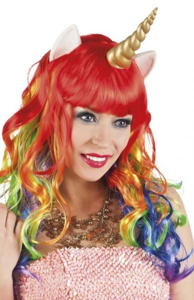Unicorn pruik met hoorn en oortjes