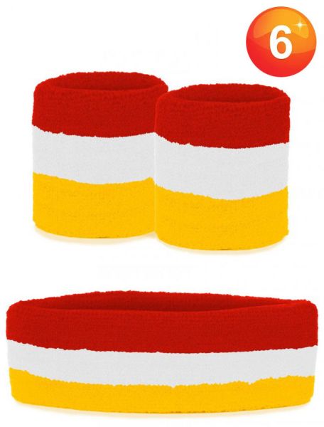 Set van rood wit geel gekleurde polsbandjes en hoofdbandje